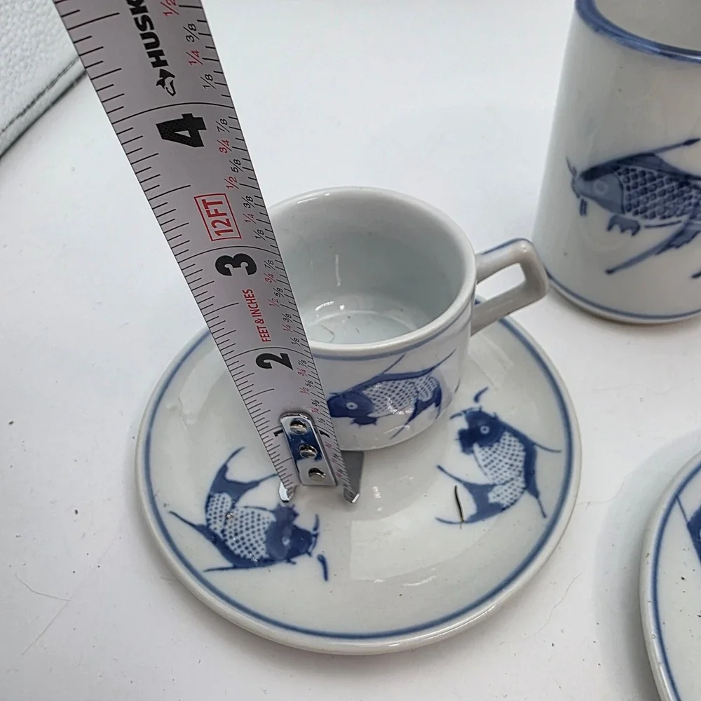 Pier 1 Blue White Koi Fish Ceramic Tea Tumblers and Espresso Cup Saucer Set